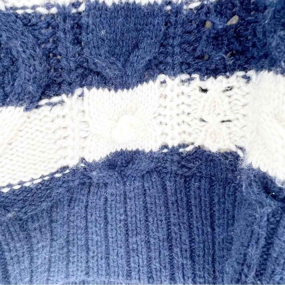 J. Crew Striped Pom Pom Cable-Knit Crewneck Sweater M